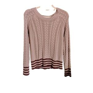 Olive & Oak Womens Cable Knit Sweater‎ Brown Stripe Trim Crew Neck Pullover